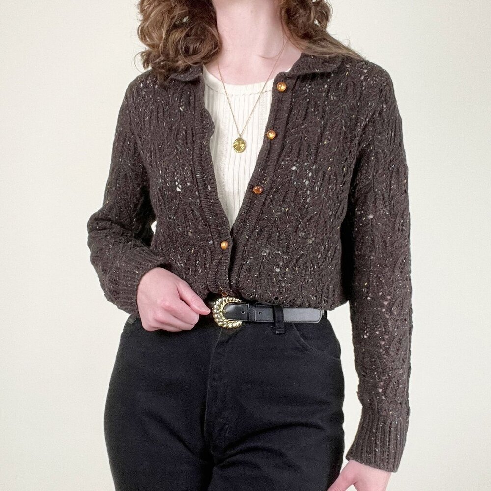 Vintage Wool Blend Cardigan Sweater Open Knit Cottagecore Rustic Cozy Romantic - Picture 2 of 9